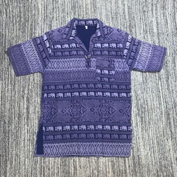 Adult Size Medium Elephant Print Woven‎ Pullover Top Purple Short Sleeve Hippie - Picture 1 of 6